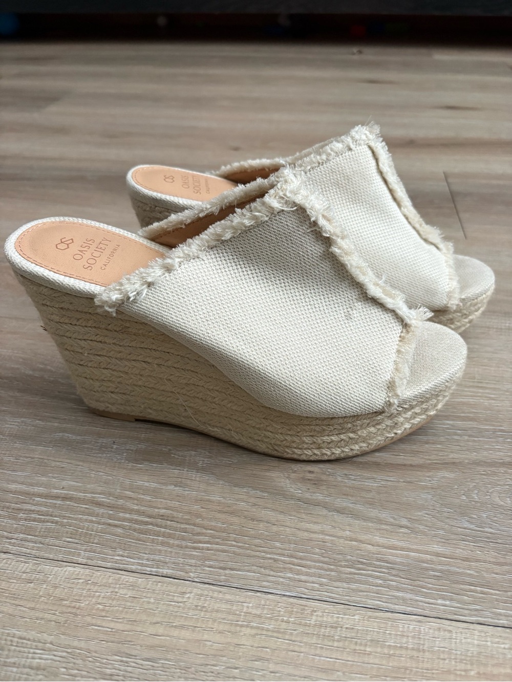 Frayed Canvas Espadrille Wedge Mule in Cream - Picture 2 of 5